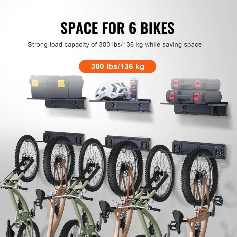 VEVOR Bike Storage Rack, 6 Bike Racks and 3 Helmets Hooks, Wall Mount Bike Storage Hanger with 3 Shelves, Home & Garage Organizer, Customizable for Various Bike Sizes, Holds Up to 300 lbs, 48-inch by GreenHaven Gardens