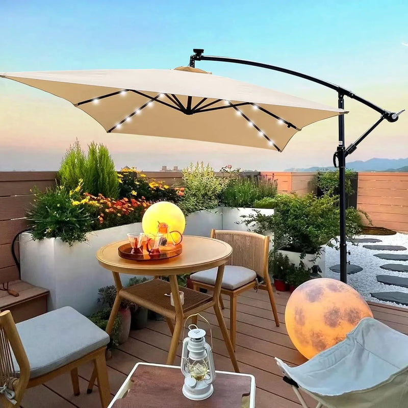 10x6.5FT Patio Umbrella, Outdoor Offset Umbrella with Cross Base and Crank, Rectangular Cantilever Umbrella with Solar Lights, Hanging Market Umbrella with 6 Rids for Pool, Deck, Backyard (Tan) by GreenHaven Gardens