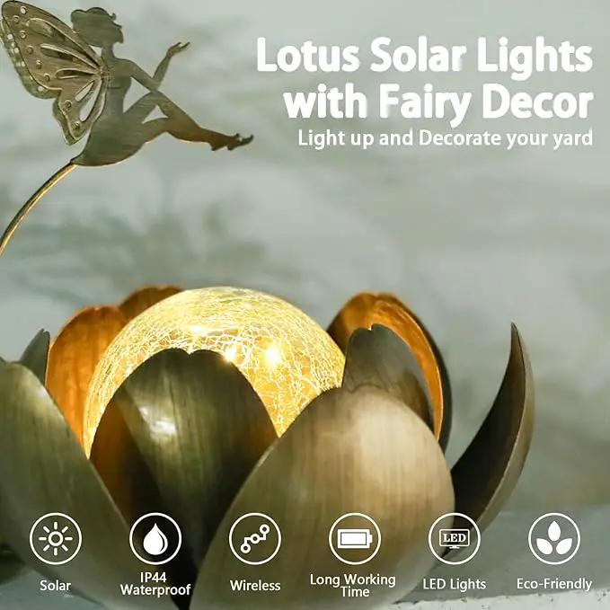 MUMTOP Solar Lights Fairy Garden Decor, Waterproof Metal Solar Lanterns Outdoor Crackle Globe Glass Lotus Flower Table Lamp for for Patio Pathway Yard Balcony Garden Decorations by GreenHaven Gardens
