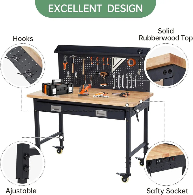 48'' Adjustable Workbench, Heavy Duty Workbench with Drawer and Backplate, 2000 LBS Capacity Work Table with Power Outlet and Lockable Wheels, Suitable for Office, Garage, Workshop by GreenHaven Gardens