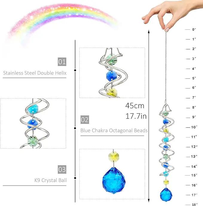 H&D HYALINE & DORA 17.7inch Gazing Ball Spiral Tail,Decorative Wind Spinner Sun Catcher,Rainbow Maker Double-Spiral W/Sea Blue Crystal Ball and Chain,Glass Crystals for Indoor Outdoor Decoration by GreenHaven Gardens