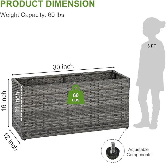 LEWIS&WAYNE Large Rectangular Block Planter Box Handmade Wicker Tall Planters for Outdoor Plants with Removable Liners Modern Planter for Indoor Outdoor Patio Deck - Gray, 30''x12''x16'' by GreenHaven Gardens