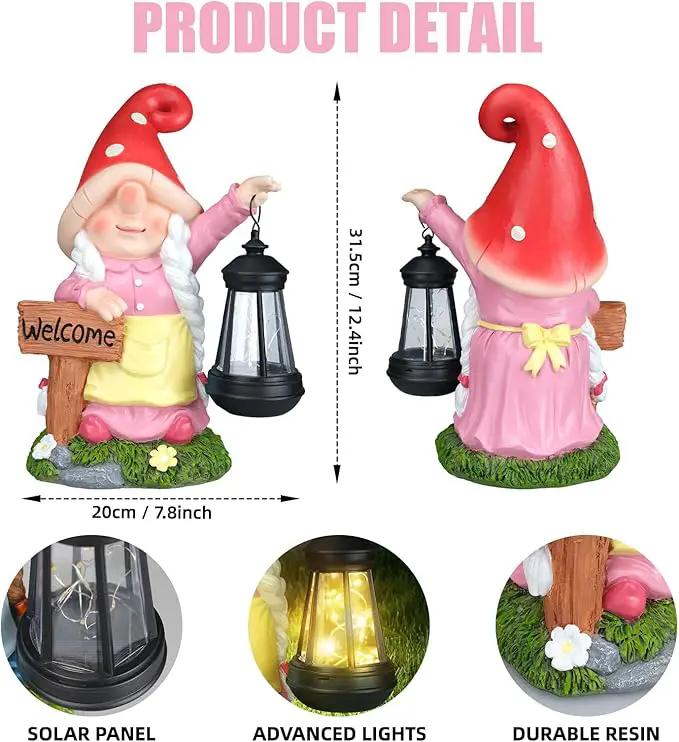 Solar Garden Gnome Statue Holding LED Lantern with Welcome Sign Outdoor Ornaments Waterproof Christmas Decoration for Outside Patio Yard Lawn Decor (Pink) by GreenHaven Gardens