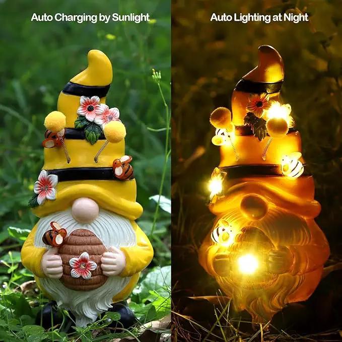 Garden Figurines Gnome Statue Decorations - Solar Resin Spring Bee Gnome Figurine Solar Garden Lights Outdoor Decorations Waterproof for Patio,Yard,Lawn, by GreenHaven Gardens