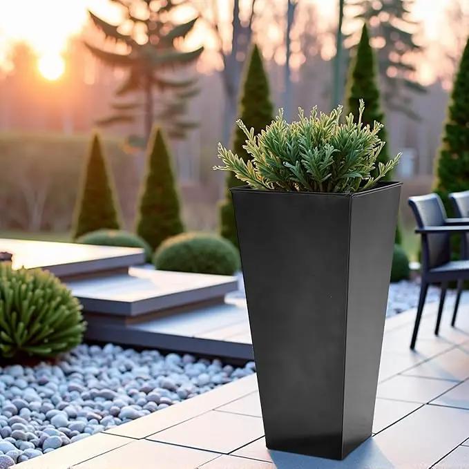 WORTH Garden 28" Large Metal Glazed Planter Set of 2, Luxurious Glossy Finish Black Tall Square Tapered Steel Plant Pots, Decor Flower Pot Indoor & Outdoor, Drainage Hole & Dual-Purpose Plant Saucer by GreenHaven Gardens