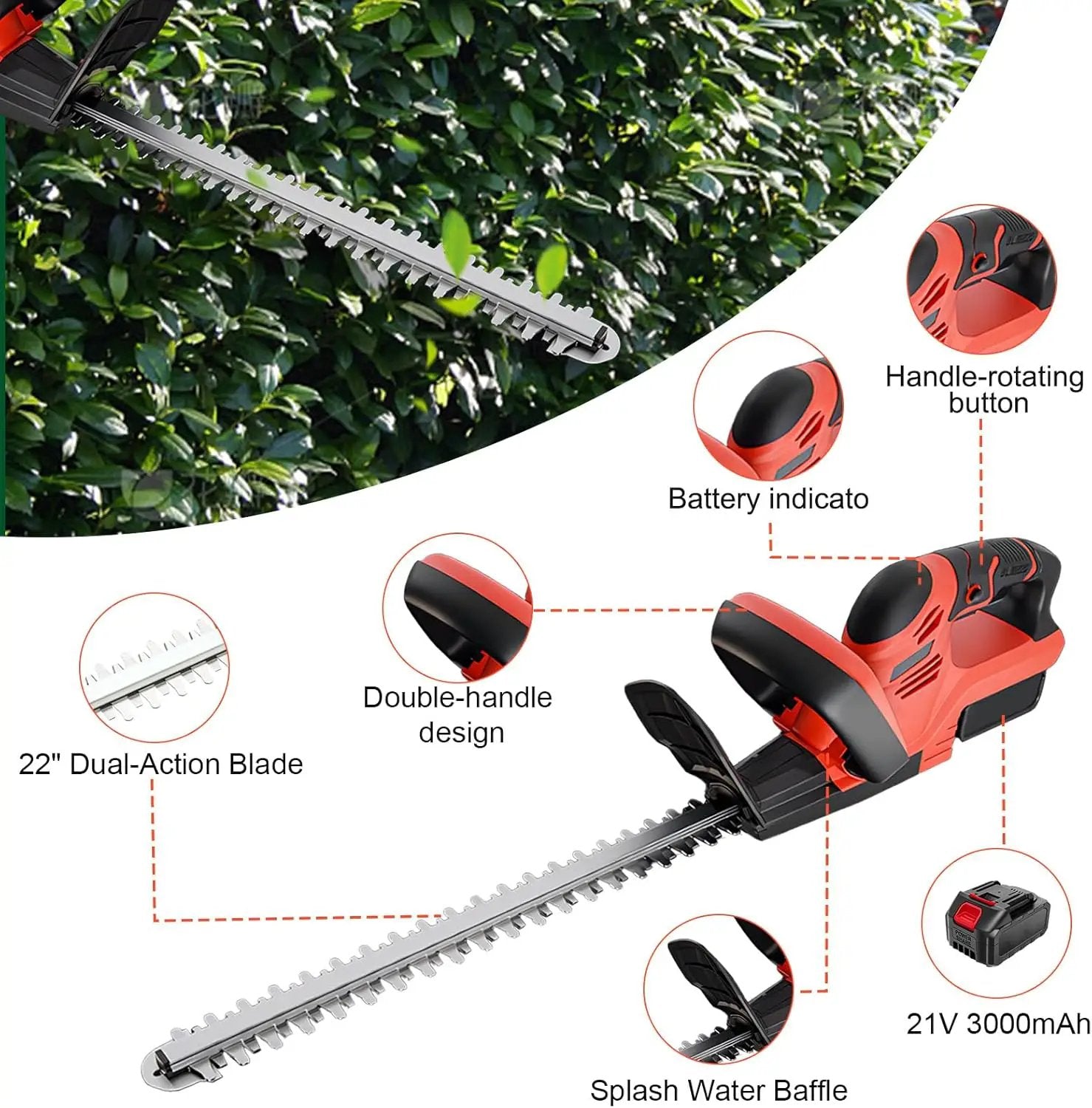 ALSO GO 22’’ Cordless Hedge Trimmer, 21V Electric Shrub Trimmer, Bush Trimmer Cordless with 3.0Ah Rechargeable Battery and Charger, Grass Cutter for Garden, Lawn by GreenHaven Gardens