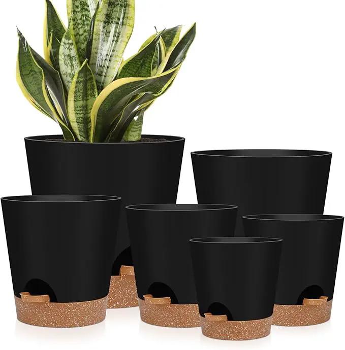 Indoor Self Watering Planters with Drainage Holes and Saucers, 8, 7, 6.5, 6, 5.5, 5 Inches, Black, 6 Pots by GreenHaven Gardens