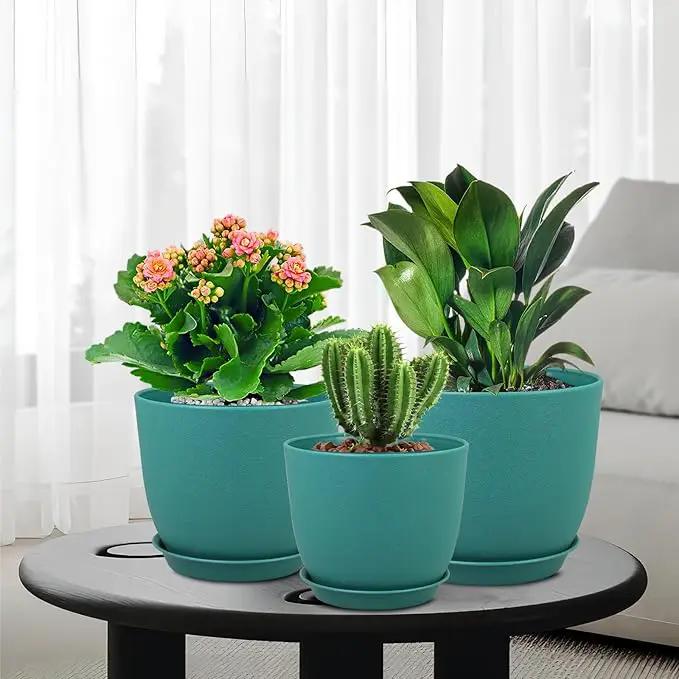 Large Flower Pots 12/10/9 inch, Set of 3 Modern Decorative Plastic Planters with Drainage Holes and Saucers for House Plants, Plant Pots for Indoor Outdoor Plants, Blue Green by GreenHaven Gardens