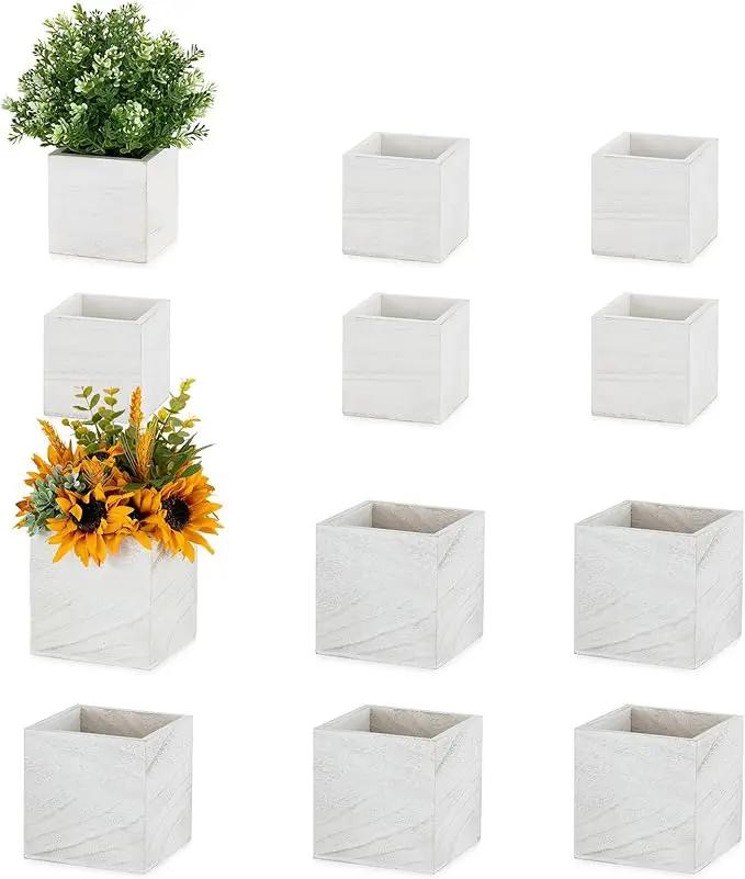NUPTIO Wooden Box for Centerpiece Wedding: 12 Pcs Rustic Square Planter Box Farmhouse Table Fall Decor - 4×4" & 5×5" Whitewashed Small Wood Vases Flower Pots for Windowsill Home Garden by GreenHaven Gardens