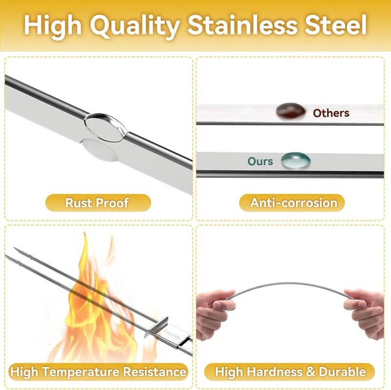 Skewers for Grilling, 17" (10 Pcs) Wooden Handle Double Pronged Stainless Steel Flat Kabob Skewers with Push Bar, Reusable Long Metal Skewer Sticks for Meat Chicken Vegetable, BBQ Accessories by GreenHaven Gardens