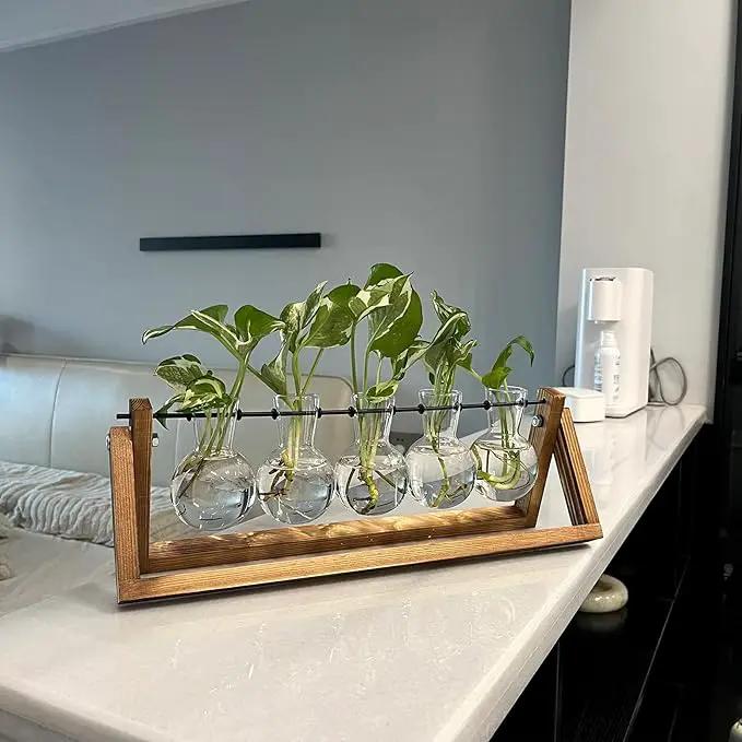 Kingbuy Plant Propagation Station with 5 Bulb Vases Retro Wooden Stand Desktop Glass Planter Terrarium for Hydroponics Plants Home Office Décor by GreenHaven Gardens