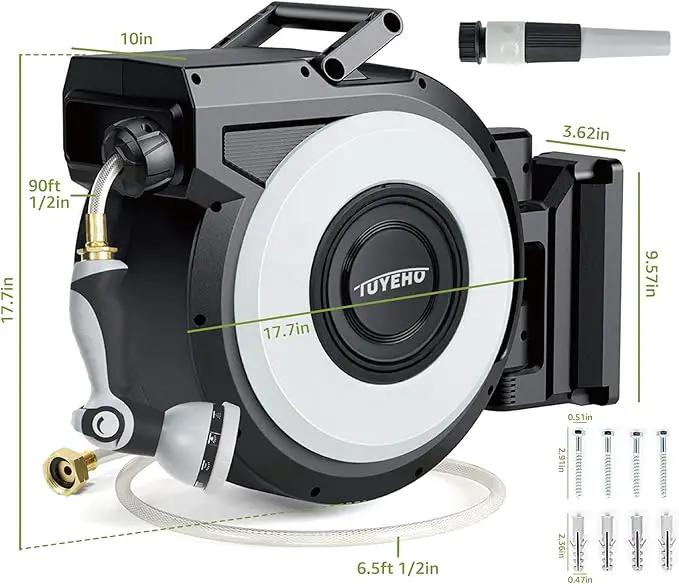 Tuyeho Retractable Garden Hose Reel 90 FT, Wall Mount Heavy Duty Water Hose Reels with Automatic Slow Rewind System, Outdoor Hoses Reel with 2 Hose Nozzles for Garden Watering, Car Wash, Pet Shower by GreenHaven Gardens