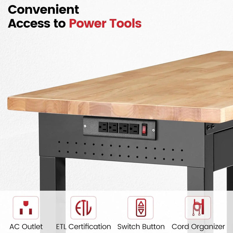 Workbench with Shelf Bracket 48 x 24 Inch Heavy Duty Rubberwood Tabletop Work Table Adjustable Height Work Bench with Drawer, Power Outlets for Garage Woodworking Shop, Home, Office by GreenHaven Gardens