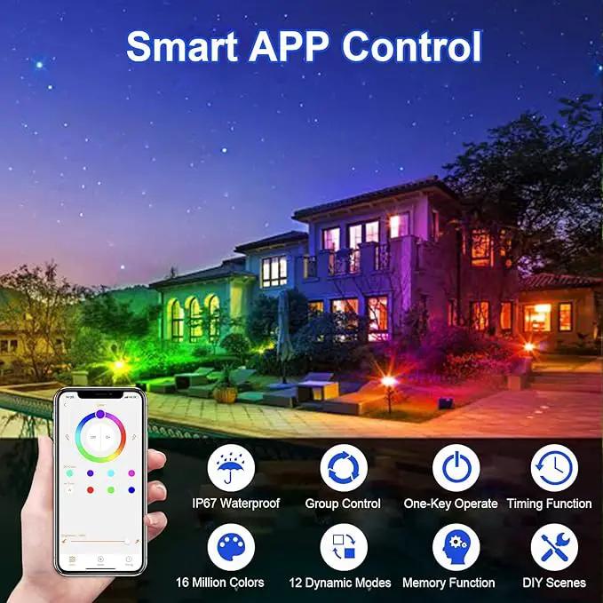 Spot Lights Outdoor, RGB Landscape Lighting 4XPack 15W IP67 Waterproof Spotlight Outdoor with Smart APP Control for Pathway Lights,LED Indoor Light(DC/AC 12V) by GreenHaven Gardens