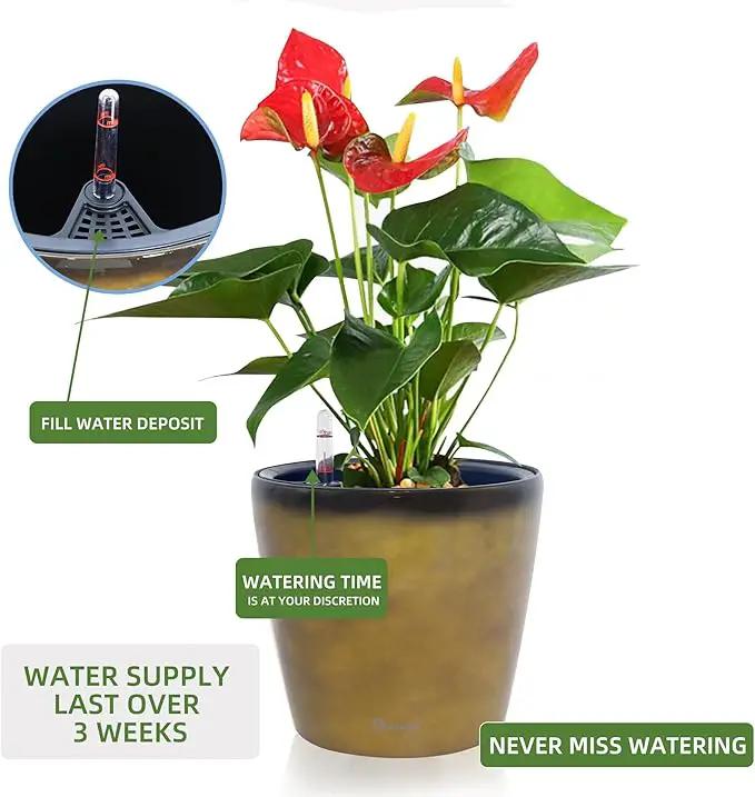 Dexceder 11x10 Inches Self Watering Planter Indoor Outdoor, Inner Pot Design, Thickened Table Flower Plant Pot with Water Level Indicator (Yellow Brown Gradient) by GreenHaven Gardens