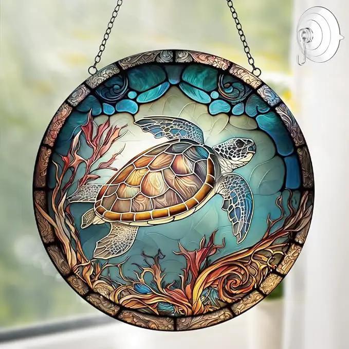 Sea Turtle Decor Suncatcher Stained Glass Window Hanging - Handmade Stained Glass Suncatchers Hangings with Hooks - Sea Art Glass Outdoor Garden Decor Gift for Women Him Valentines Day Birthday Gifts by GreenHaven Gardens