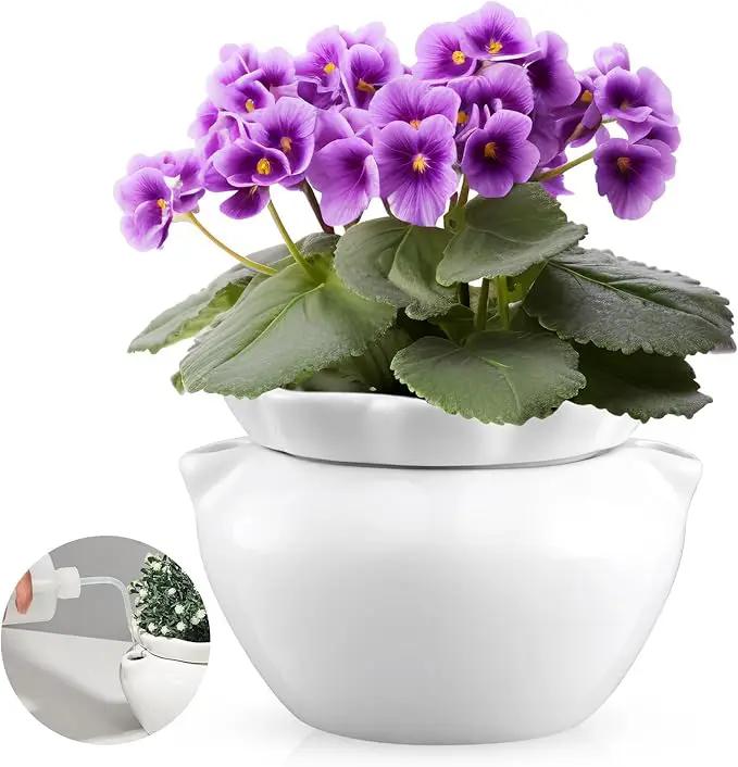 1 Set 7.5 Inches African Violet Pots Self Watering White Ceramic Pot for Indoor Plants, Flowerpot with Highly Absorbent Inner Pot for Busy Plant Lovers, Plant Care by GreenHaven Gardens