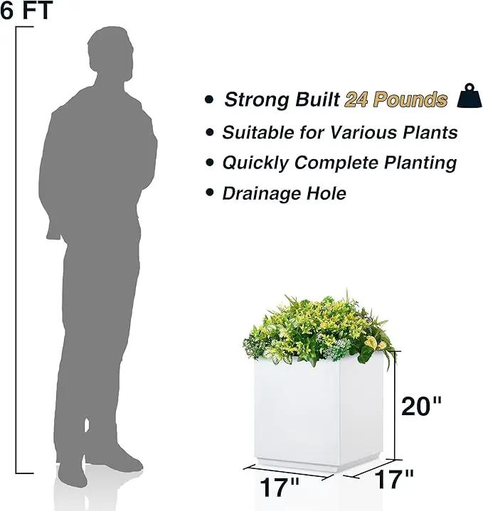 Metallic Heavy Cube Square Planter, No Assembly Required, Seamless Large Outdoor Planter, Tall Plants and Flowers 17'Lx17'Wx20'H 24lbs White by GreenHaven Gardens