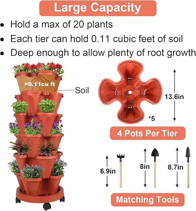 Vertical Planter 6 Tier Stackable Planters Garden Planters Strawberry Herb Flower and Vegetable Planter Indoor Outdoor Gardening Pots with Removable Wheels and Tools 2-Pack by GreenHaven Gardens