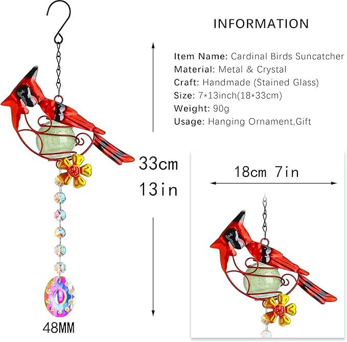 13inch Stained Metal Cardinal Birds Sun Catcher Decorative Window Hanging Ornament Crystals Prism Suncathers Red Bird for Home Garden Decor by GreenHaven Gardens