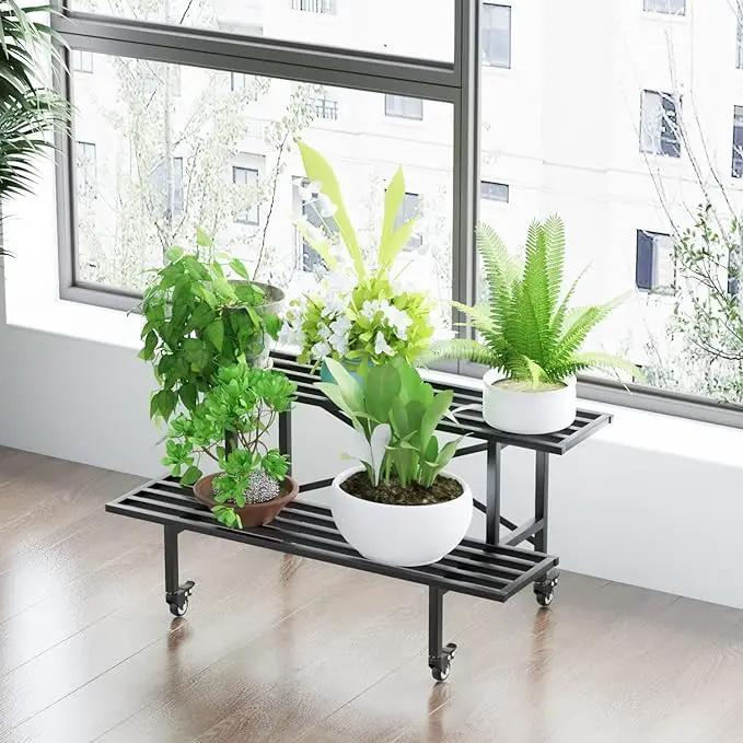 Zhongma 2 Tier Sturdy Metal Plant Stand with Wheels Heavy Duty Plant Holder for Home Indoor and Outdoor,L45.67 x W17.5 x H16.14 inch,440 LBS Capacity & Heavy Duty Construction by GreenHaven Gardens