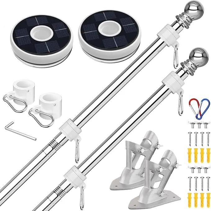 ZMTECH 2 Pcs 6 FT Flag Pole with Solar Light - Adjustable Bracket, Stainless Steel Flag Poles for Outside House, Tangle Free Flag Pole Holder Kit for American Flag (Without Flag, Silver) by GreenHaven Gardens