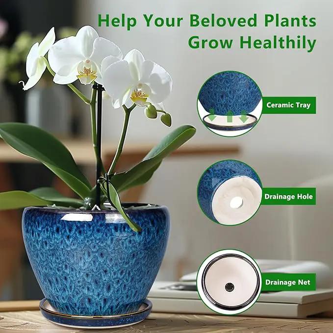 8 Inch Ceramic Plant Pot, Ceramic Planter Pot for Indoor Outdoor Plants, Round Flower Pot with Drainage Hole and Saucer, Blue by GreenHaven Gardens