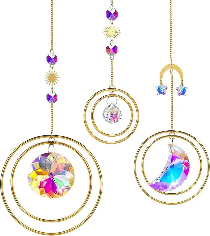 Set 3 Crystal Hanging Decorations - Sun & Moon Rainbow Crystal Suncatcher Window Car Hanging Prisms Ornament Pendant,Boho Love Wall Decoration,Home Garden Decor Gift by GreenHaven Gardens