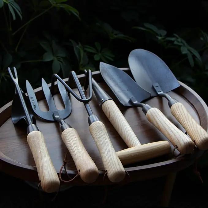 Japanese Gardening Tools Set, 6 Pcs Garden Tools Set, Black Painted Stainless Steel Heavy Duty Gardening Tools Kit, Hand Trowel, Dibble, Hand Rake, Weeder, Transplanter and Hand Folk… by GreenHaven Gardens