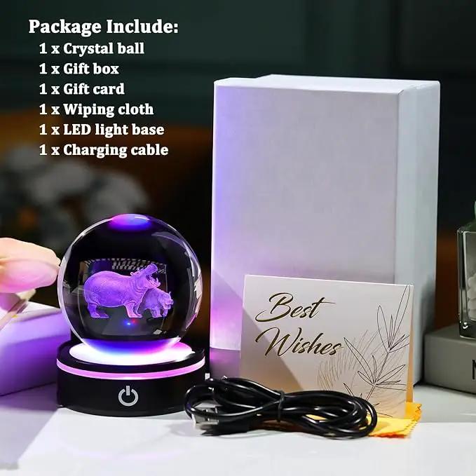 YWHL 3D Hippo Crystal Ball Figurine with LED Base Laser Hippopotamus Gifts for Women Men on Christmas Birthday Decorative Hippo Ball Glass Hippopotamus Globe Night Light for Home Decor (80mm) by GreenHaven Gardens