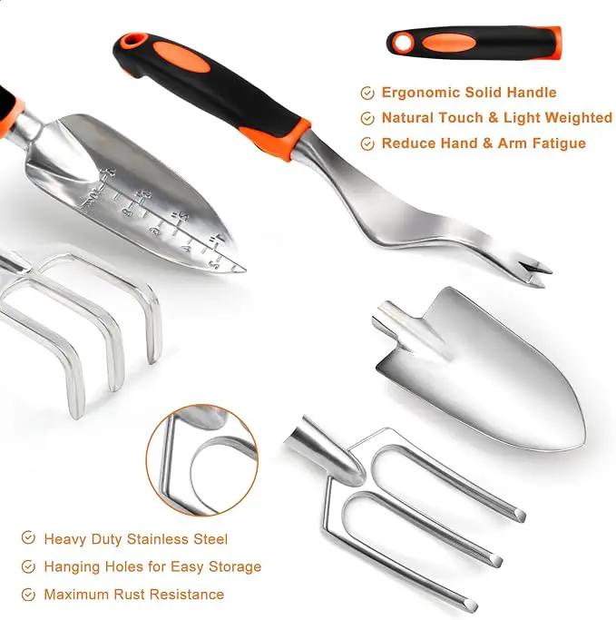 Garden Tool Set with Non Slip Rubber Grip,8 Piece Stainless Steel Gardening Tool Sets,Heavy Duty Outdoor Hand Tools Durable Storage Tote Bag,Uprooting Weeding Tool, Gifts for Women Men(Orange) by GreenHaven Gardens