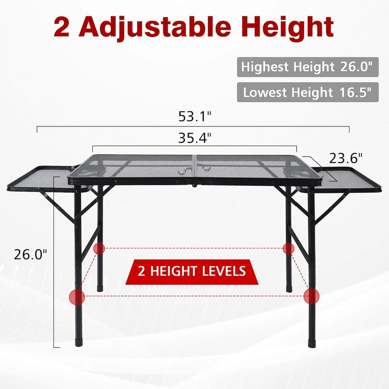 Folding Grill Table, 3x2 FT Portable Camping Table with 2 Wing Panels, Height Adjustable Metal Tables with Mesh Desktop and Mesh Bag, Outdoor Furniture for Camping, Picnic, Beach and BBQ, Black by GreenHaven Gardens