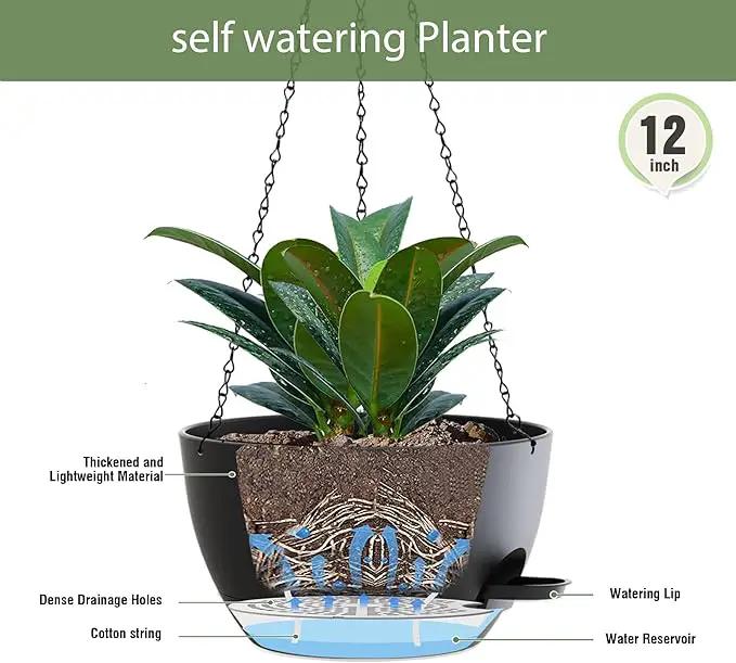 12 Inch Hanging Baskets 2 PC with Chains, Self-Watering Hanging Planters for Indoor Outdoor Plants, Plastic Hanging Flower Pots,Black by GreenHaven Gardens