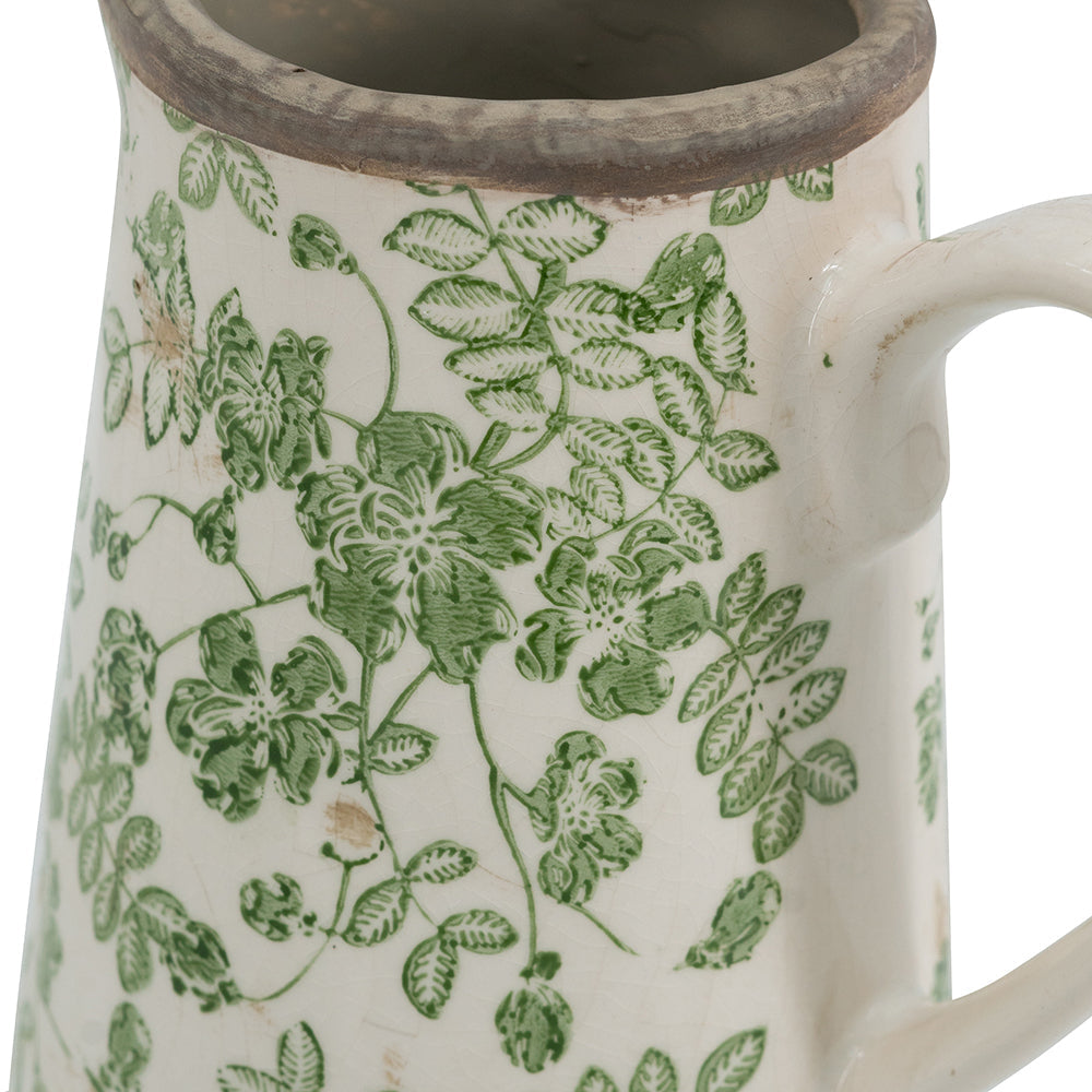 6.3x4.5x7.1' White Ceramic Pitcher Vase with Green Floral Pattern by HouseOfZazla