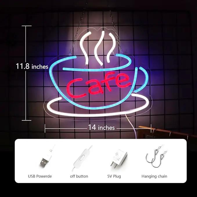 Cafe Neon Sign for Coffee Bar Pub Decor,Blue Wall Art Decoration For Restaurant Living room,Led Light of Cafe,USB Power Supply With Metal Chain. by GreenHaven Gardens