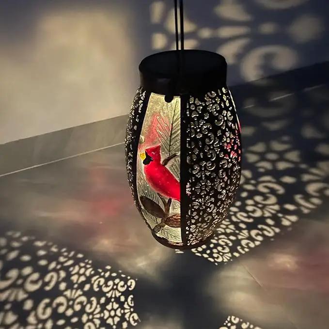2PCS Cardinal Solar Lanterns Glass & Metal Hanging Light Outdoor Waterproof 16" H Tabletop Lamp with Hollowed-Out Design with Shepherd's Hooks for Garden Patio Table Decor by GreenHaven Gardens