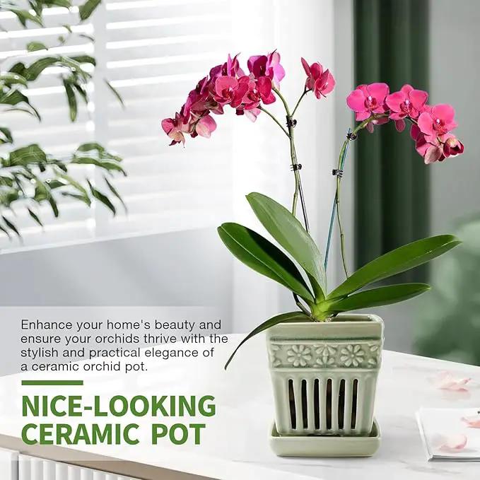 Orchid Pots with Holes | 5" Ceramic Orchid Planter with Separate Saucer and Drainage Holes | Glazed Pottery Small Flower Pot for Repotting Orchids(Green) by GreenHaven Gardens