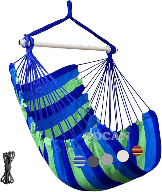 Hammock Chair Large Hammock Swing, 110 x 150cm Load 150kg, Cotton Hammock Chair Metal Spread Bar Wide Seat Swing Chair(Blue) by GreenHaven Gardens