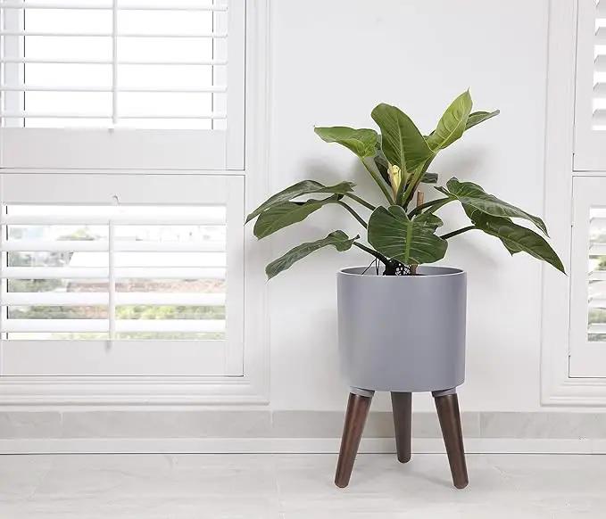 D'vine Dev 8 Inch Planter Pot with Stand, Mid-Century Tall Plant Pot with Legs for Indoor Plants, Small, Grey, 88-O-A-3 by GreenHaven Gardens