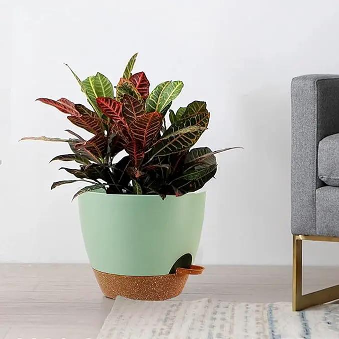 10/9/8 inch Self Watering Pots, Set of 3 Plastic Planters with Mesh Drainage Holes and Deep Reservoir for Indoor Outdoor Garden Plants and Flowers, Green with Brown by GreenHaven Gardens
