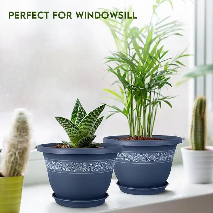 8 Inch Plant Pots with Drainage Hole - Lightweight Flower Pots for Herbs and Flowers - Home Decor Plastic Planters for Indoor Outdoor Plants- Pack of 6 (Blue, 8 inch) by GreenHaven Gardens