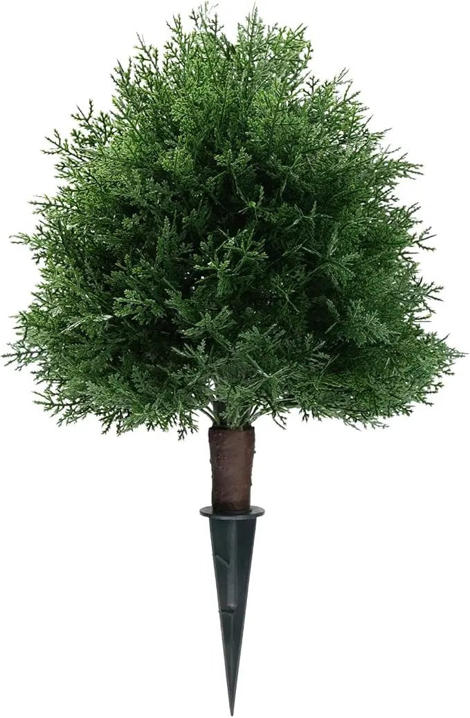 Artificial Cedar Topiary Ball Trees with Ground Spike, 20" UV Resistant Artificial Shrubs, Fake Evergreen Artificial Plant Brush for Indoor Outdoor Front Porch Garden, 1 Pack by GreenHaven Gardens