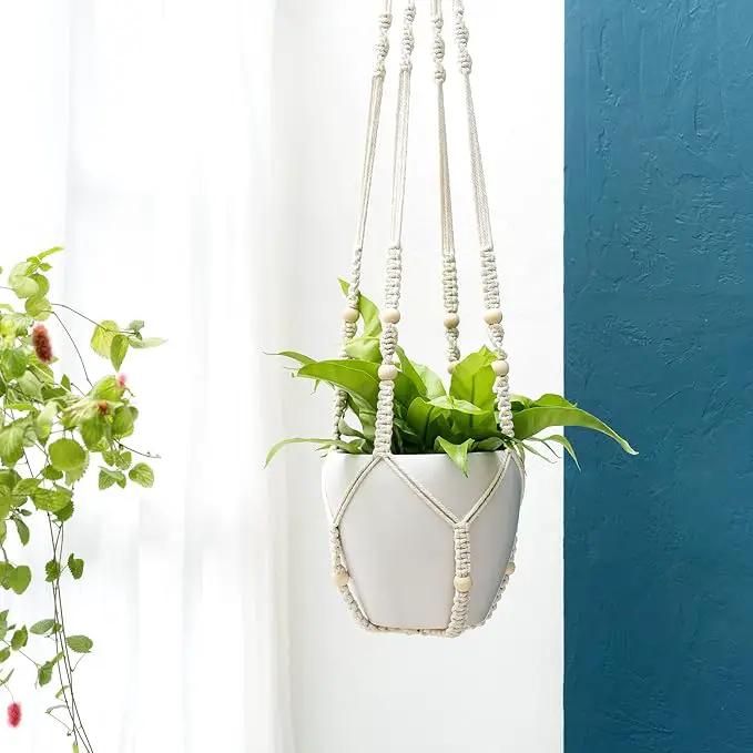 Mkono 43 Inch Macrame Plant Hanger Large for up to 12 Inch Pot Extra Long Hanging Plant Holder No Tassels Hanging Planter Basket with Wood Beads for Indoor Outdoor Boho Home Decor, Ivory, Set of 2 by GreenHaven Gardens