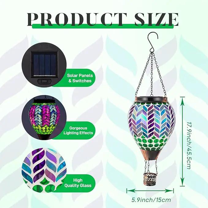 Mosaic Hot Air Balloon Solar Lanterns Outdoor Waterproof, Colorful Glass Solar Hanging Lantern Lights for Garden Patio Yard Gifts for Women Mom Grandma by GreenHaven Gardens