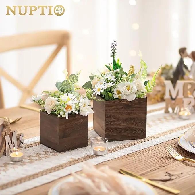 NUPTIO Wooden Box for Centerpiece Wedding: 12 Pcs Rustic Square Planter Box for Christmas Centerpiece Table Fall Decorations - 4×4" & 5×5" Small Wood Vases Flower Pots for Windowsill Home Garden Decor by GreenHaven Gardens