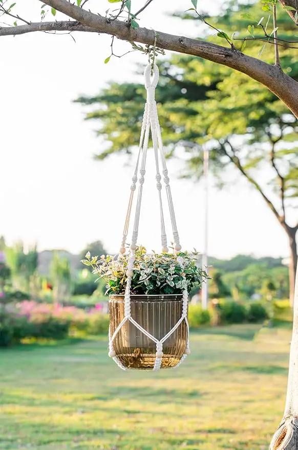 Melphoe Self Watering Hanging Planters for Indoor, 1 Pack 8.3 Inch Outdoor Hanging Plant Pot Basket, 2 Kinds of Plant Hangers Macrame 35.5’’ & Metal Chain 19.6’’ for Garden Home Decor by GreenHaven Gardens