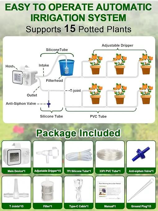 Automatic Watering System with Adjustable Drippers, Indoor Automatic Plant Waterer, Automatic Drip Irrigation Kit with Customize Schedule Water Timer for Balcony, Indoor Vacation Plant Watering by GreenHaven Gardens