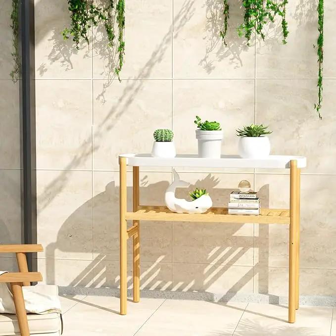 Bamboo Plant Stands Indoor, 2 Tier Steel Tray Tall Corner Plant Stand Holder & Plant Display Rack for Outdoor Garden Indoor Home (1 - 2 Tier) by GreenHaven Gardens