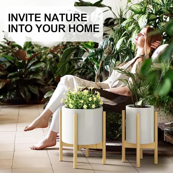 MUDEELA 2 Pack Adjustable Plant Stand Indoor, Bamboo Plant Stand 8 to 12 Inches, Single Floor Plant Stand for Indoor Plants, Natural Planter Stand for Indoor Plants, Pot Plant Not Included by GreenHaven Gardens