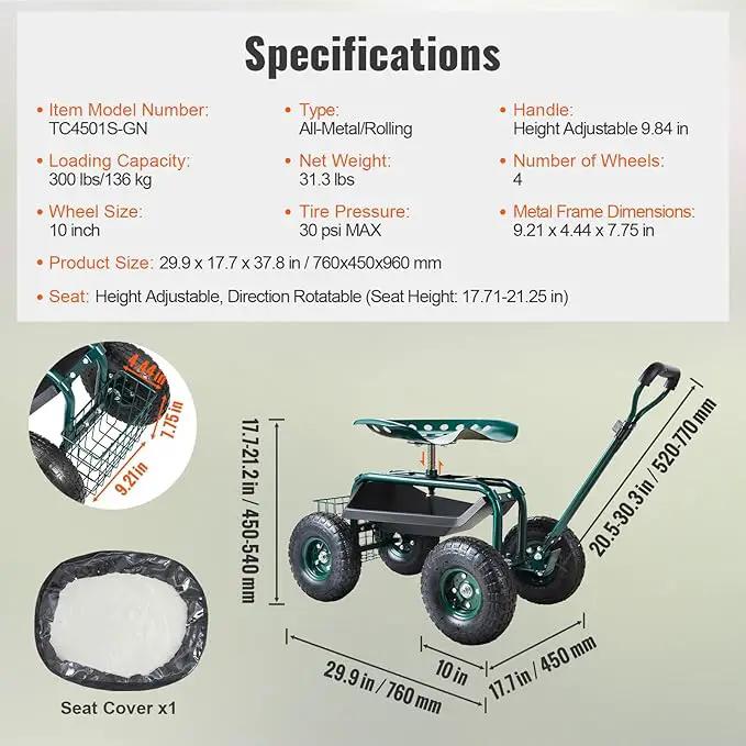 VEVOR Garden Cart Rolling Workseat with Wheels, Gardening Stool for Planting, 360 Degree Swivel Seat, Wagon Scooter with Steering Handle & Utility Tool Tray, Use for Patio, Yard, and Outdoors, Green by GreenHaven Gardens